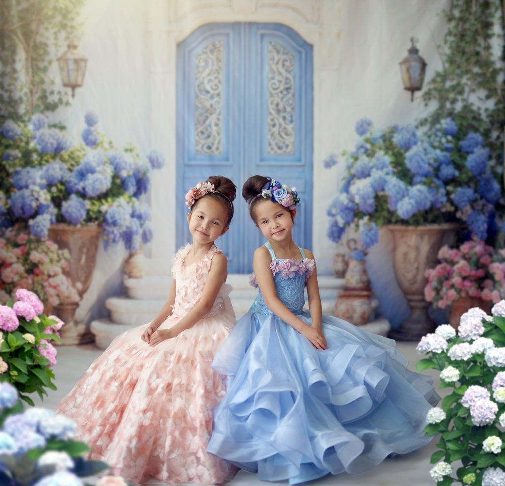 Kate Spring Flowers Blue Door Backdrop Designed by Emetselch -UK