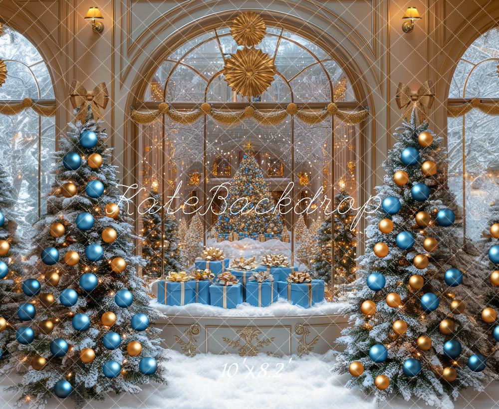 Kate Christmas Snowy Trees Presents Gold Backdrop Designed by Mini MakeBelieve -UK