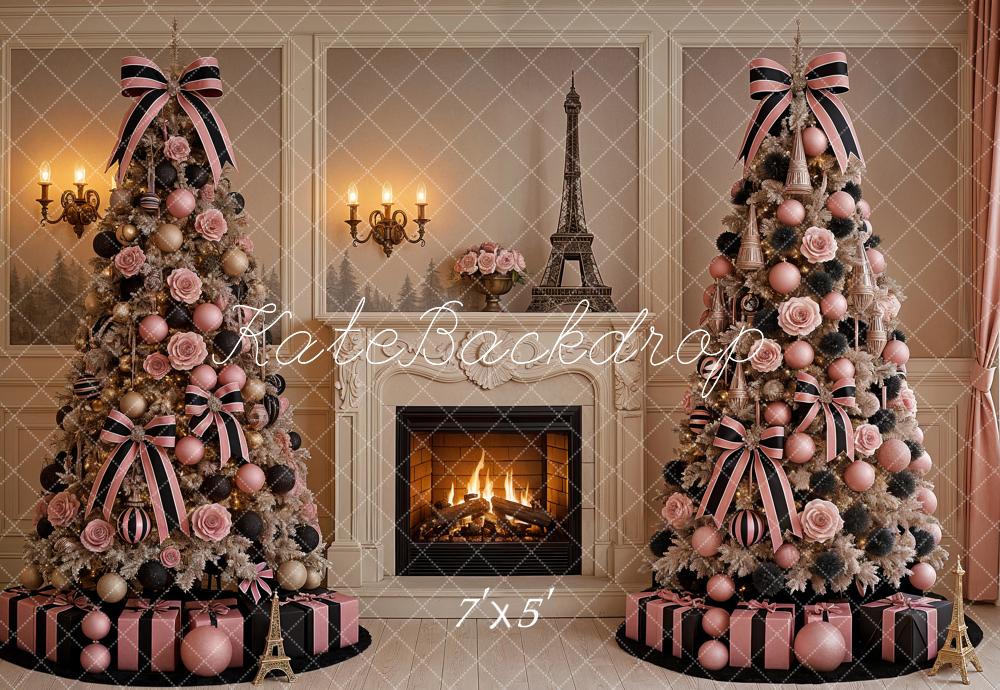 Kate Christmas Trees Fireplace Parisian Decor Backdrop Designed by Ashley Paul