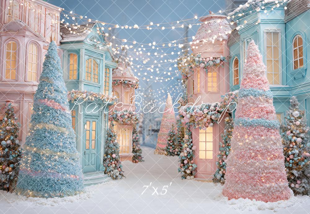 Kate Christmas Pastel Village Trees Backdrop Designed by Ashley Paul