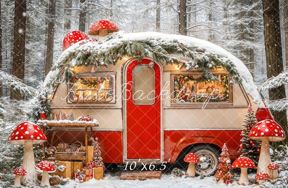 Kate Christmas Caravan Forest Mushrooms Fleece Backdrop Designed by Emetselch -UK