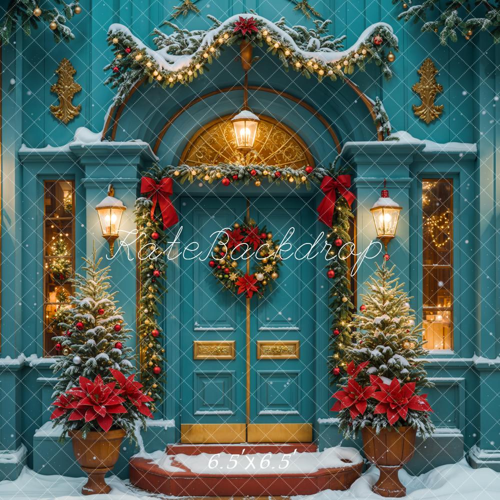 Kate Christmas Green Retro Arch House Backdrop Designed by Emetselch -UK