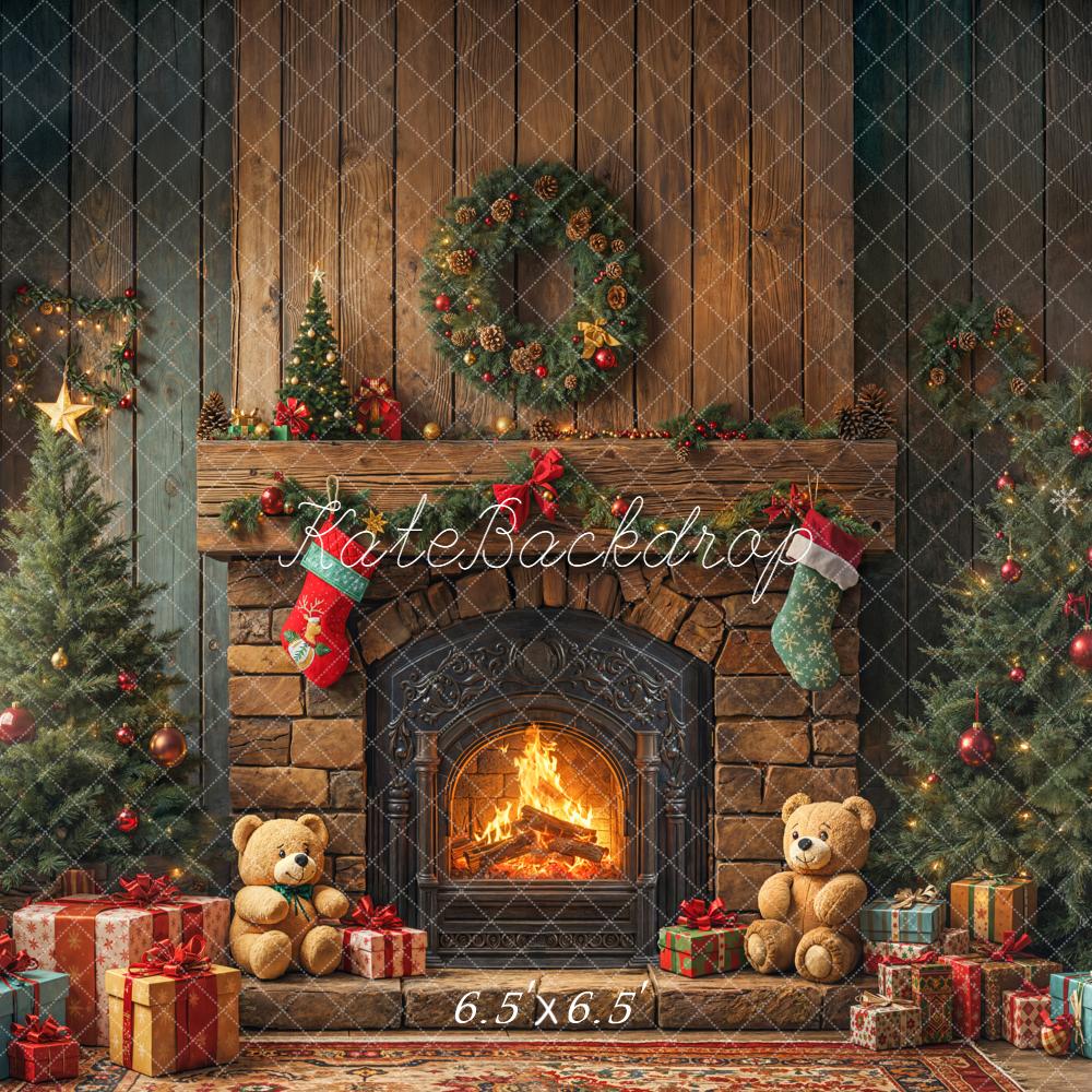 Kate Christmas Fireplace Teddy Bears Trees Backdrop Designed by Emetselch -UK