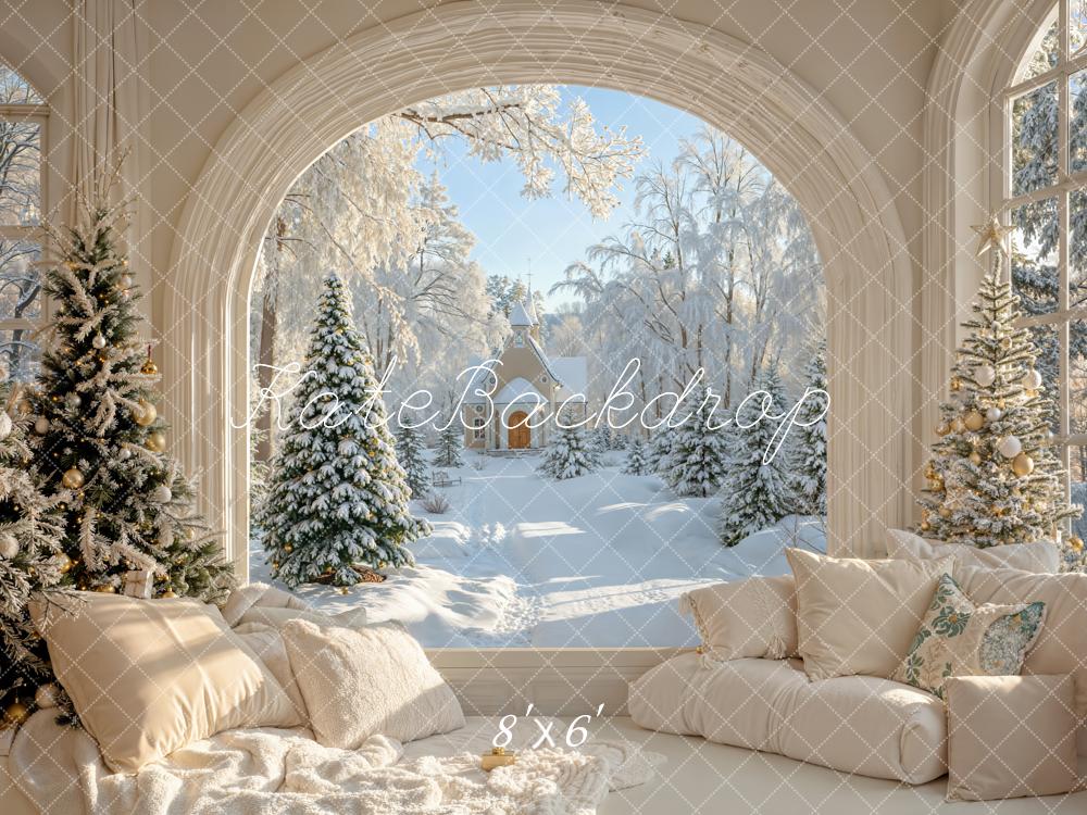 Kate Christmas Snowy Trees Window Sofa Fleece Backdrop Designed by Emetselch -UK