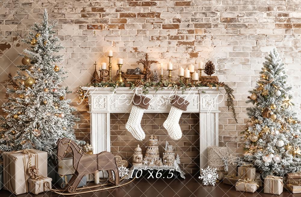 Kate Christmas Fireplace Trees Brick Wall Fleece Backdrop Designed by Emetselch