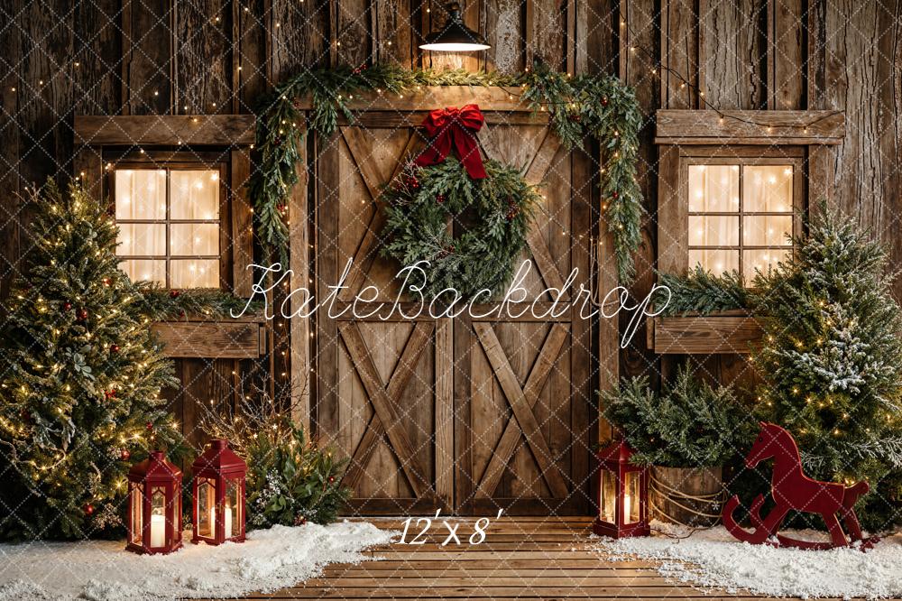 Kate Christmas Rustic Wooden Door Garland Fleece Backdrop Designed by Emetselch -UK