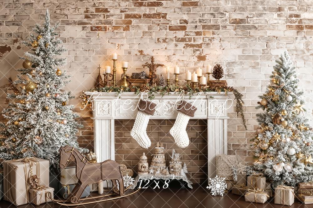 Kate Christmas Fireplace Trees Brick Wall Fleece Backdrop Designed by Emetselch