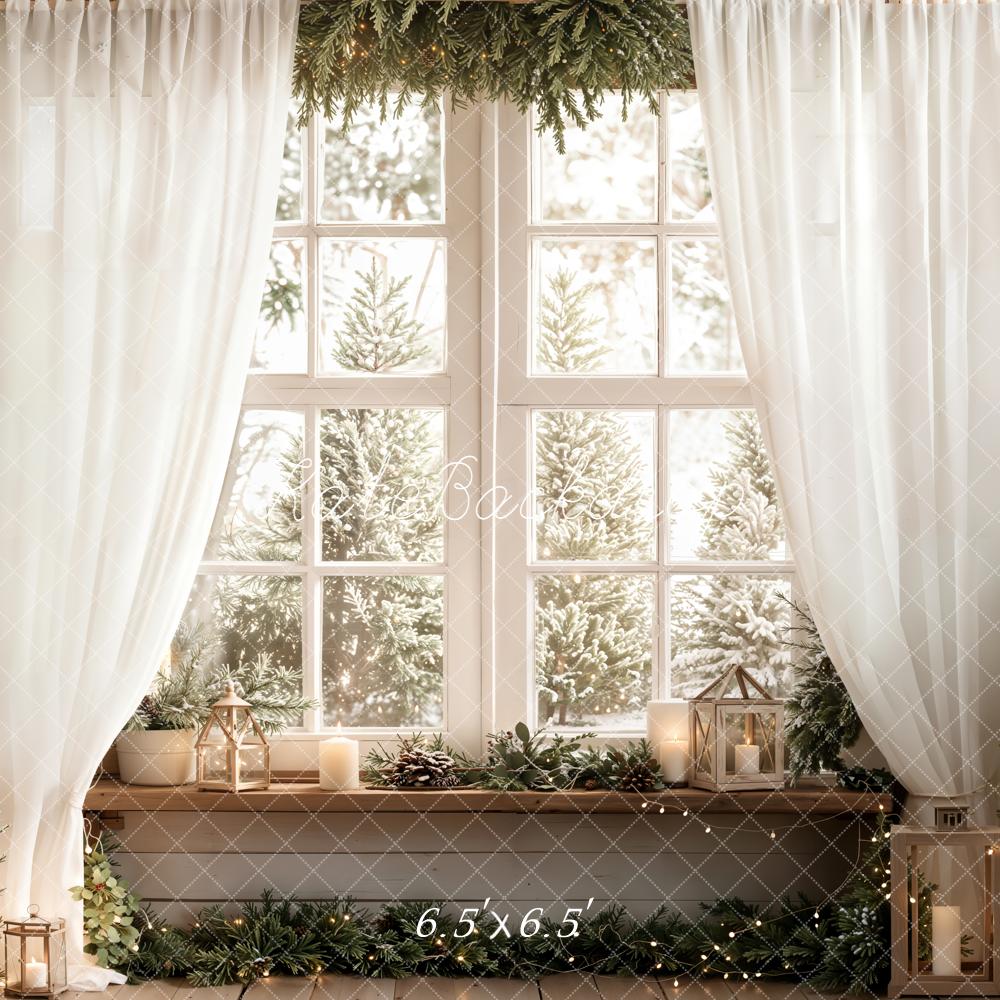 Kate Christmas Window Trees Candles White Curtains Backdrop Designed by Emetselch