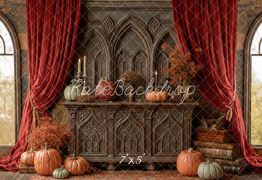 Kate Autumn Pumpkins Cabinet Red Curtains Backdrop Designed by Emetselch -UK