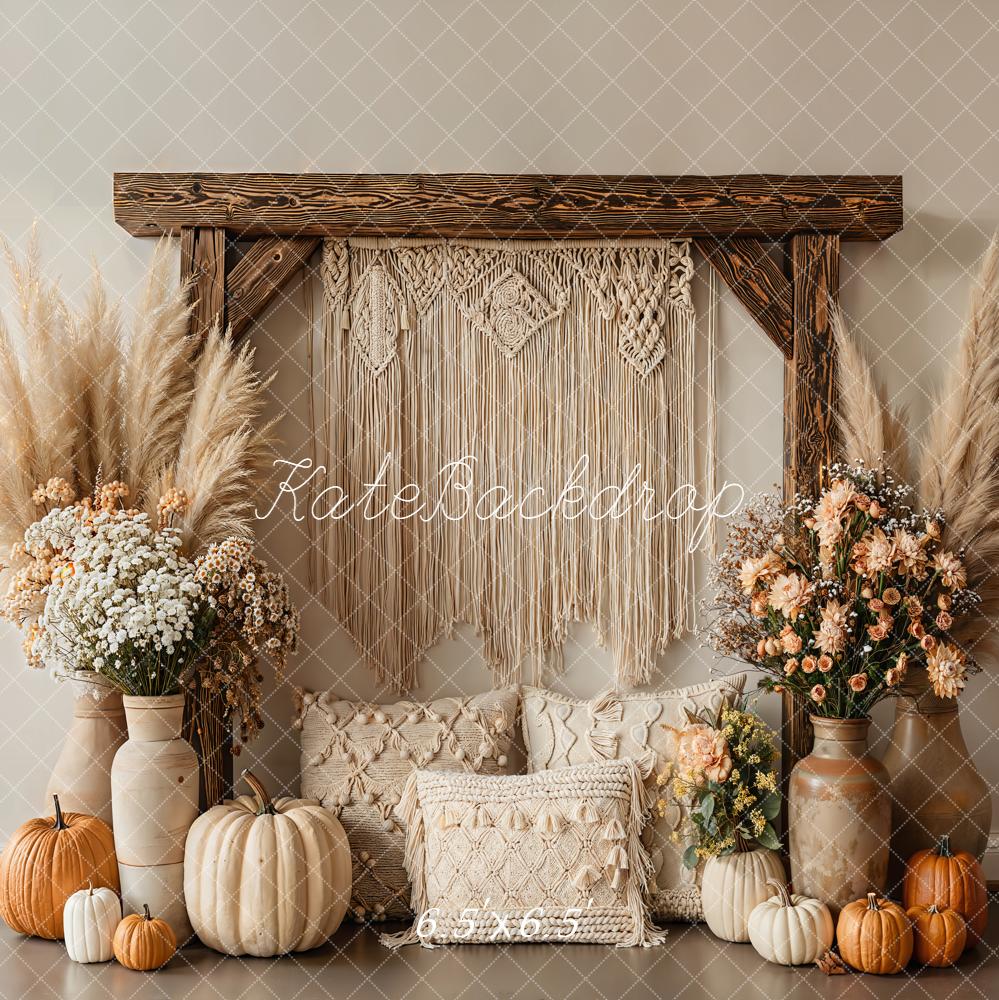 Kate Boho Macrame Pampas Pumpkins Neutral Backdrop Designed by Emetselch