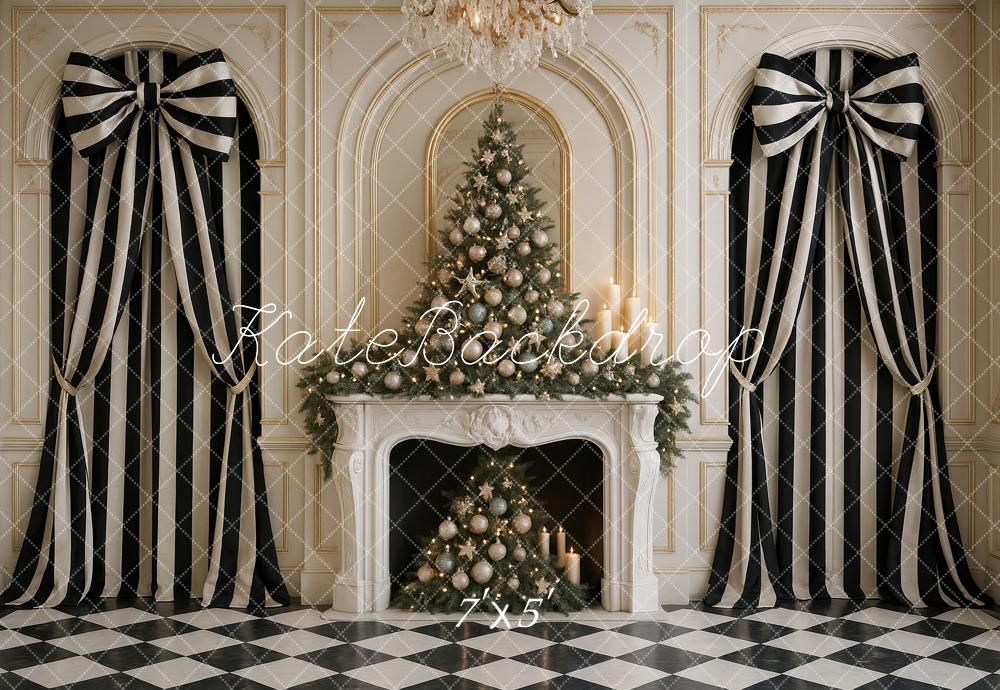 Kate Christmas Tree Fireplace Striped Bows Backdrop Designed by Ashley Paul
