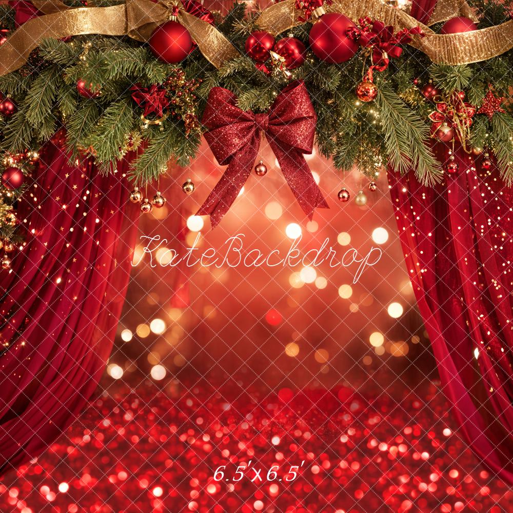 Kate Christmas Garland Red Curtains Bokeh Backdrop Designed by Emetselch -UK
