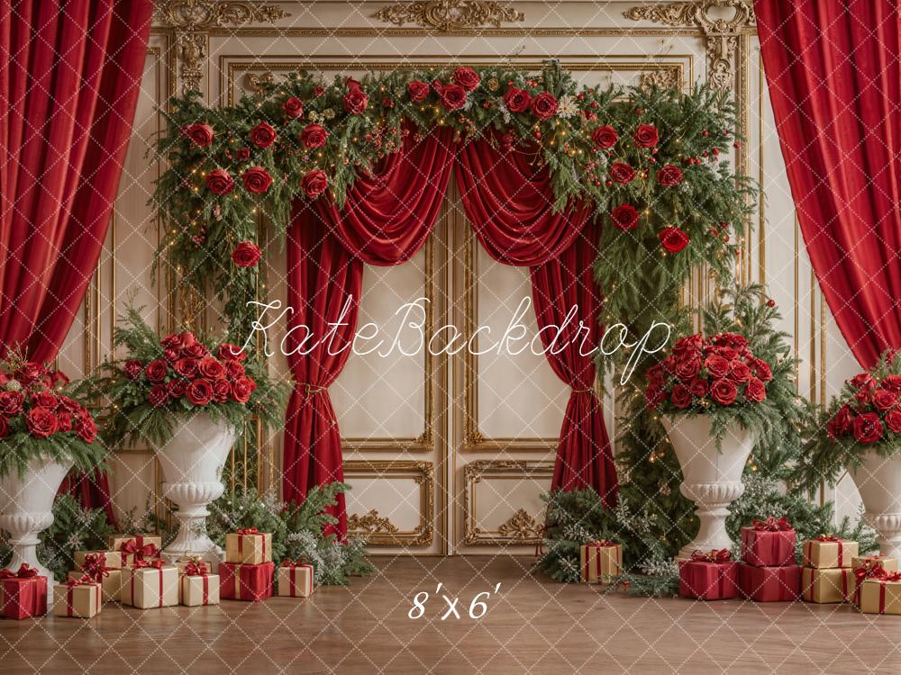 Kate Christmas Red Curtains Roses Gifts Backdrop Designed by Emetselch