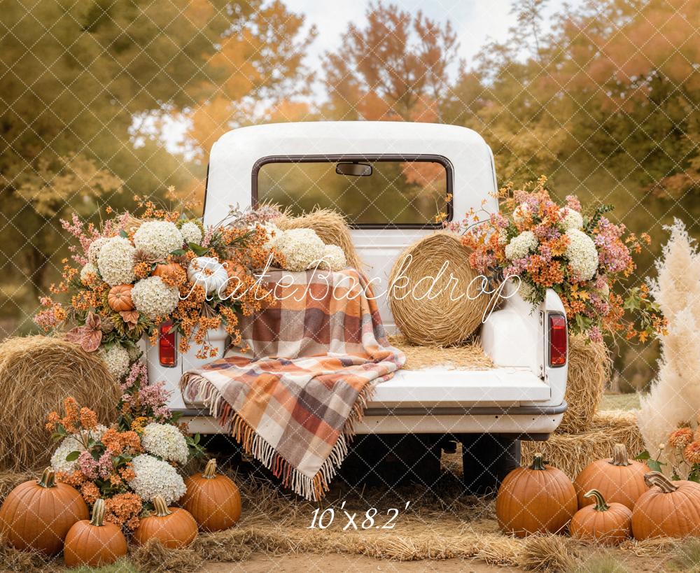 Kate Autumn Truck Pumpkins Hay Fleece Backdrop Designed by Emetselch -UK