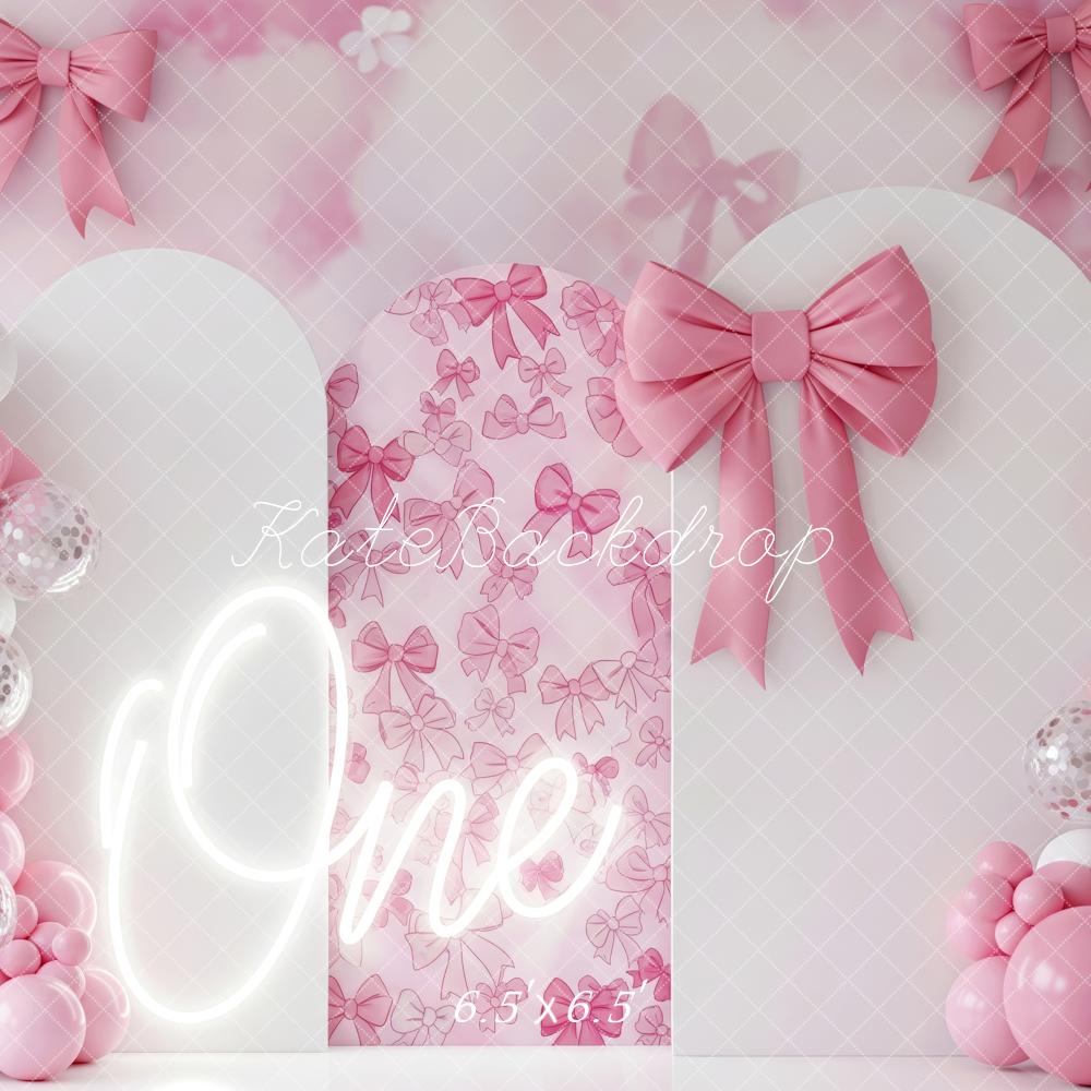 Kate 1st Birthday Pink Bows Balloons Arch Backdrop Designed by Patty Robert