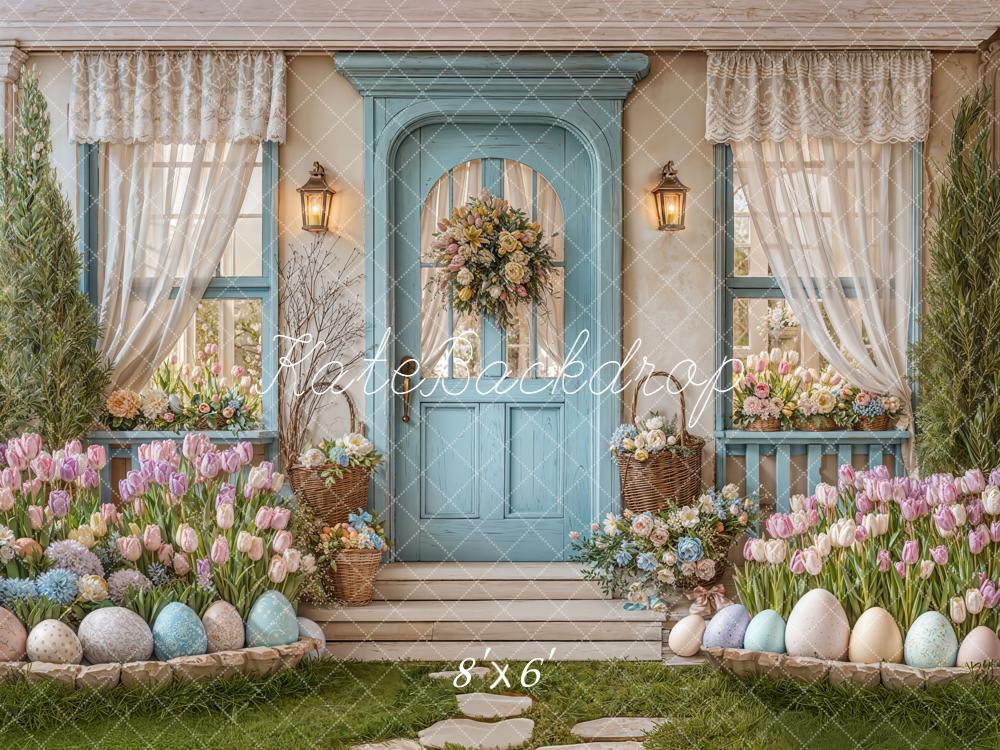 Kate Easter Eggs Pastel Floral Blue Door Backdrop Designed by Emetselch -UK
