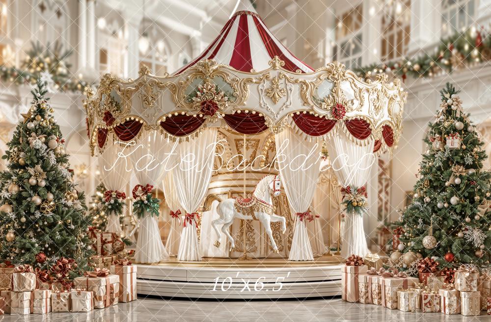 Kate Christmas Carousel Trees Presents Fleece Backdrop Designed by Emetselch -UK