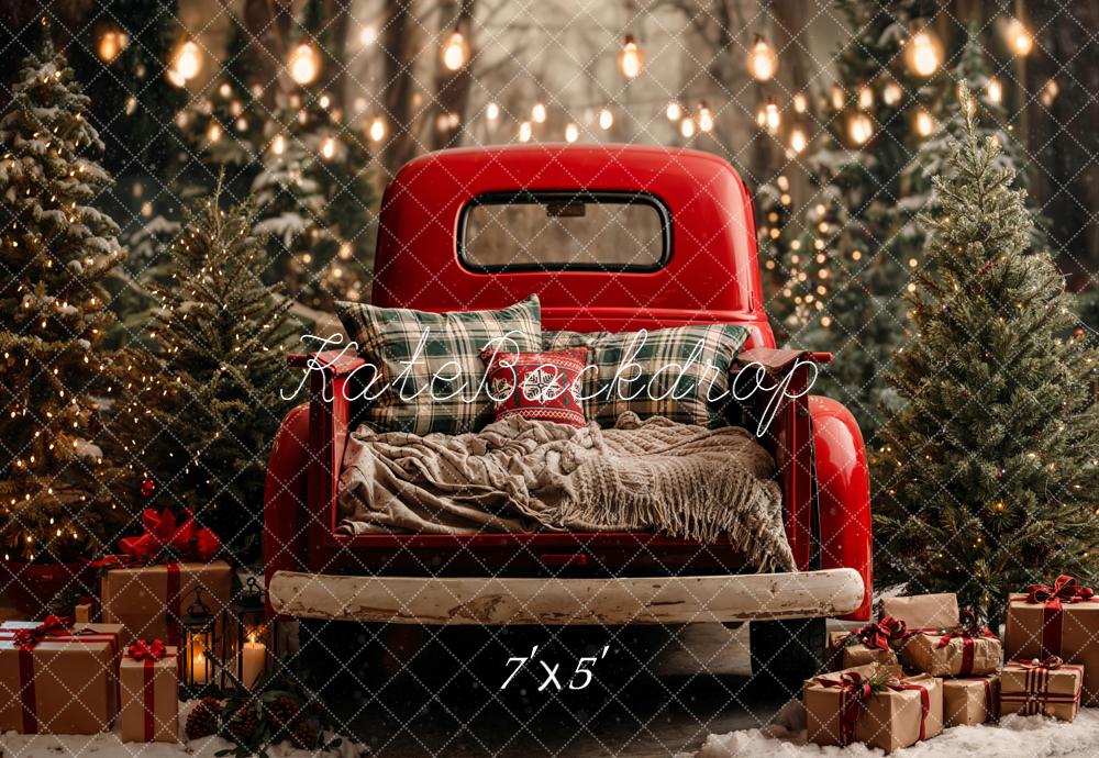 Kate Christmas Red Truck Snowy Trees Presents Backdrop Designed by Emetselch