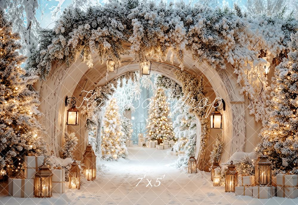 Kate Winter Arch Snow Covered Christmas Trees Lanterns Backdrop Designed by Emetselch -UK