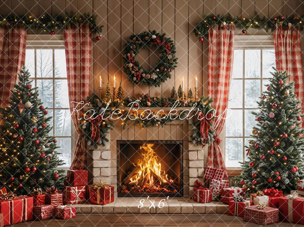 Kate Christmas Fireplace Wreath Trees Room Fleece Backdrop Designed by Emetselch