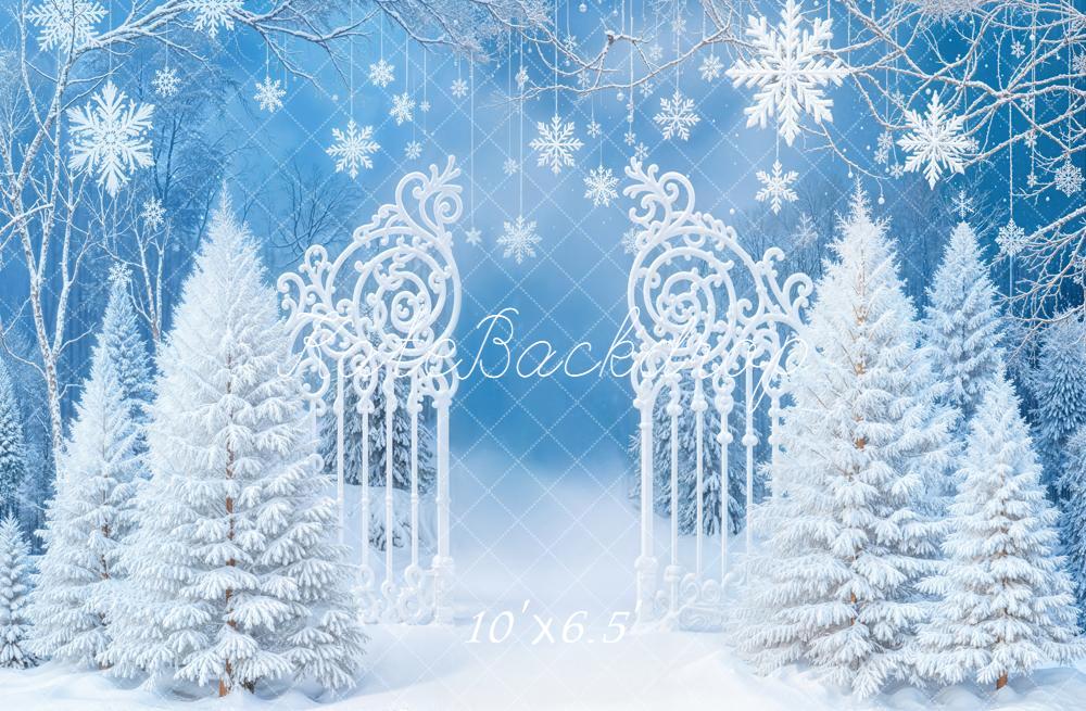 Kate Winter Snowy Trees Ornate Gate Blue Backdrop Designed by Emetselch -UK