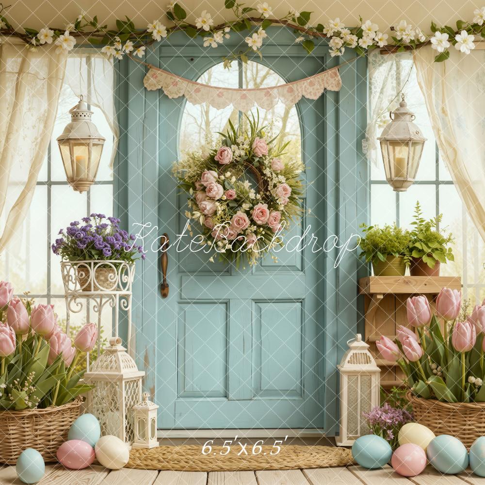 Kate Easter Pastel Eggs Tulips Blue Door Backdrop Designed by Emetselch -UK