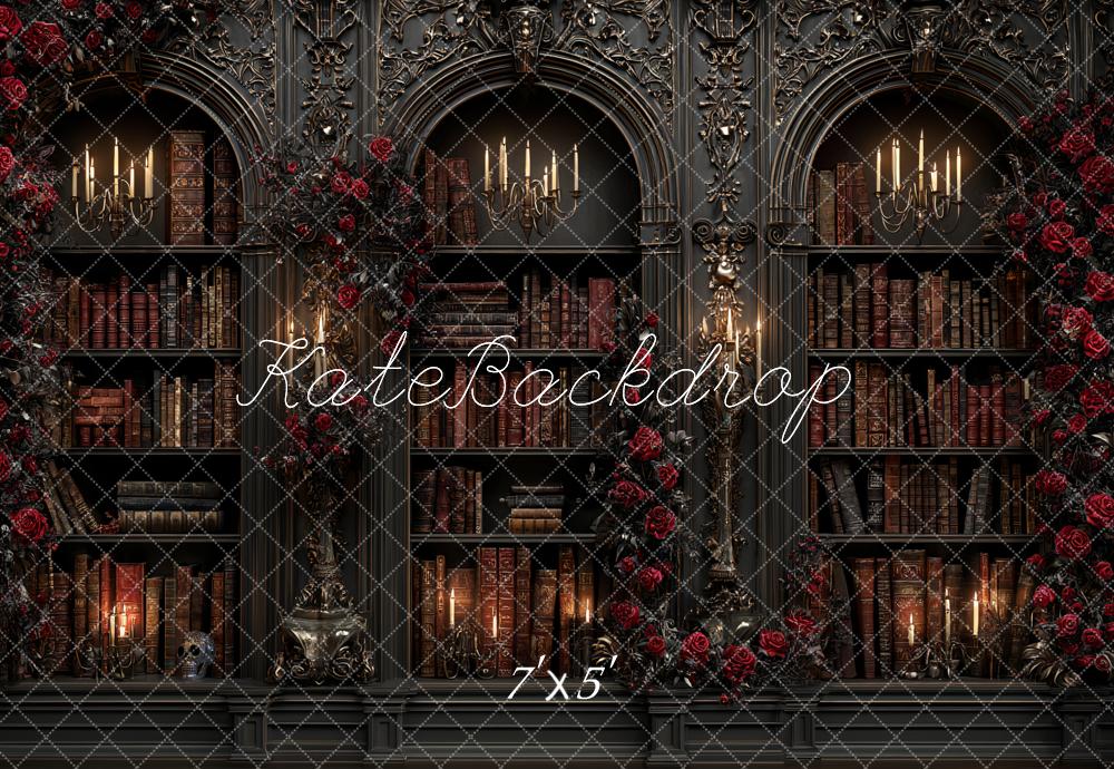 Kate Gothic Bookshelf Candlelight Red Roses Backdrop Designed by Ashley Paul