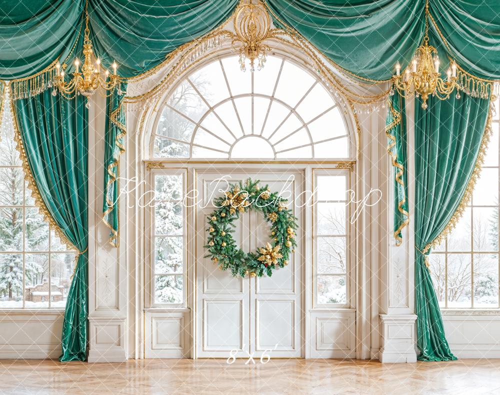 Kate Christmas Green Drape Wreath Window Fleece Backdrop Designed by Emetselch -UK