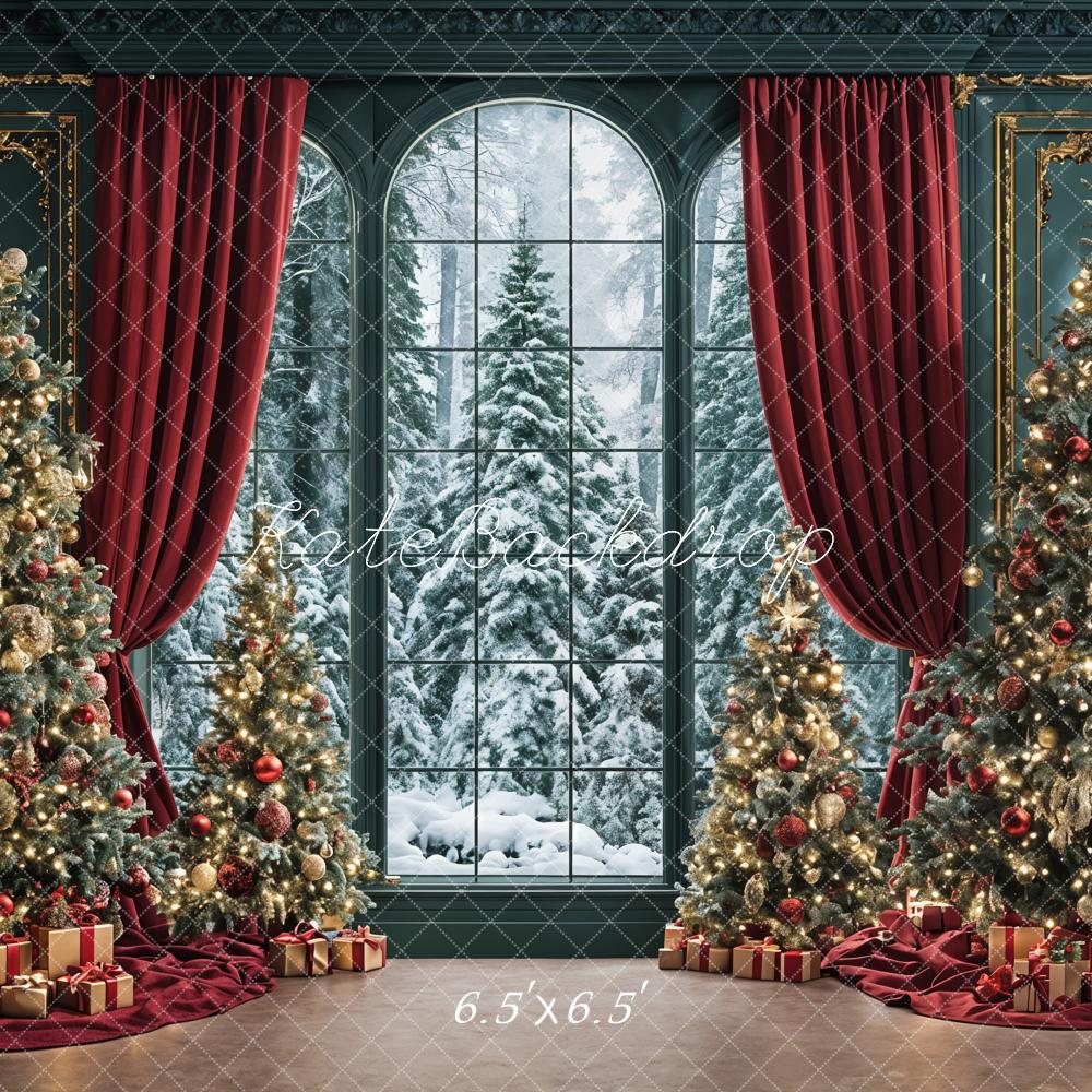 Kate Christmas Trees Window Red Curtains Backdrop Designed by Ashley Paul