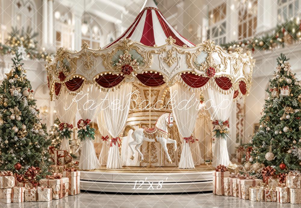Kate Christmas Carousel Trees Presents Fleece Backdrop Designed by Emetselch -UK