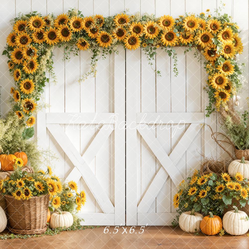 Kate Sunflower Arch Pumpkins White Barn Backdrop Designed by Emetselch