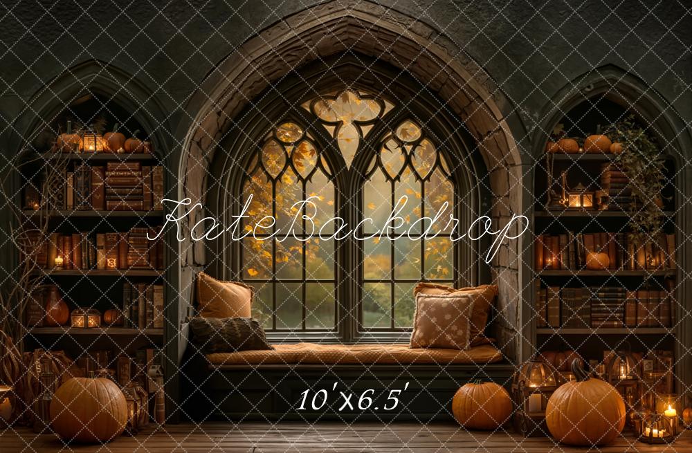 Kate Halloween Gothic Window Bookshelf Pumpkin Fleece Backdrop Designed by Emetselch -UK