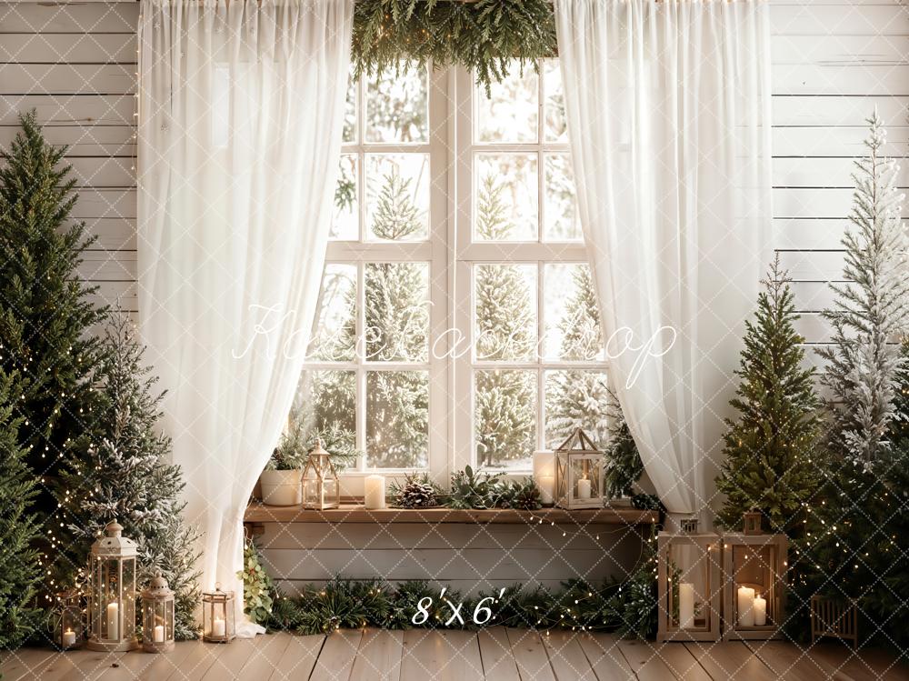 Kate Christmas Window Pine Trees Candles Fleece Backdrop Designed by Emetselch