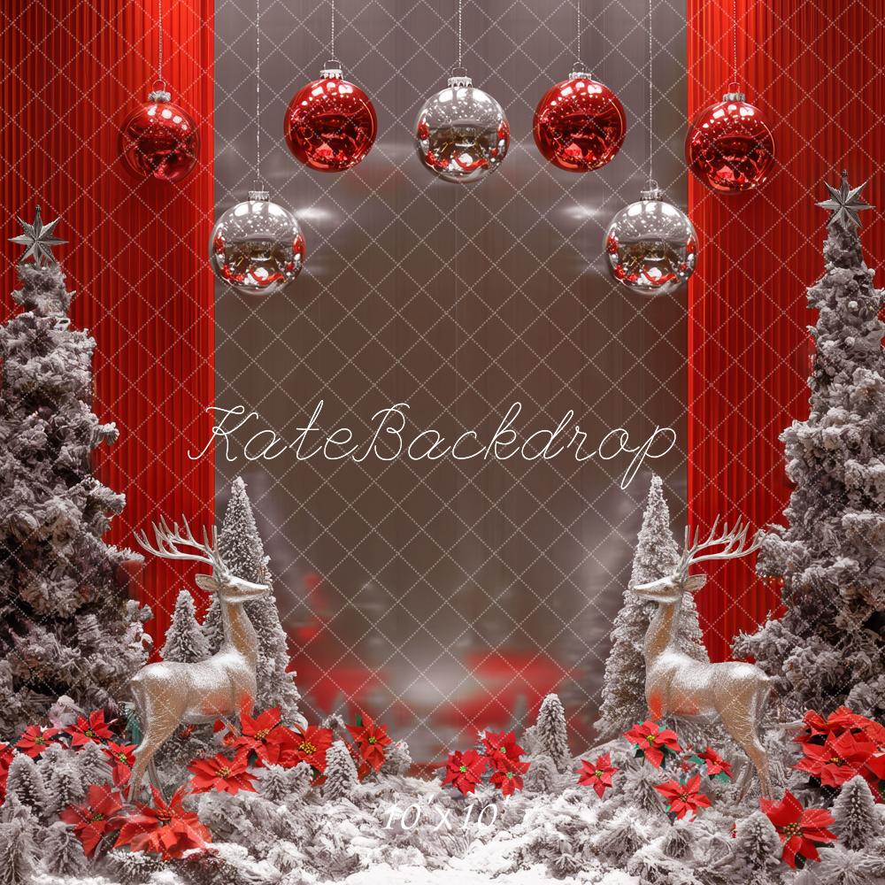 Kate Christmas Trees Reindeer Red Backdrop Designed by Mini MakeBelieve -UK
