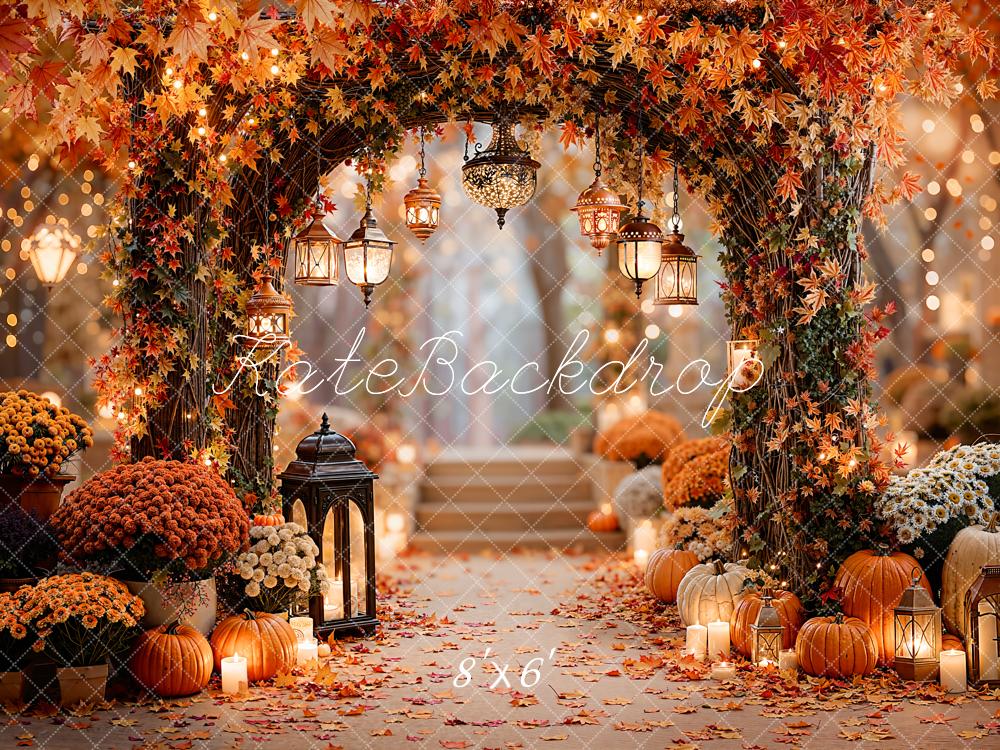 Kate Autumn Flower Arch Pumpkins Lanterns Fleece Backdrop Designed by Emetselch -UK
