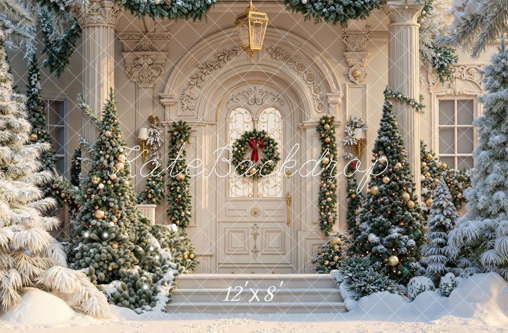 Kate Christmas Snowy Doorway Garland Fleece Backdrop Designed by Emetselch -UK