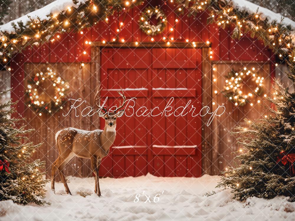 Kate Christmas Barn Deer Fairy Lights Fleece Backdrop Designed by Emetselch -UK