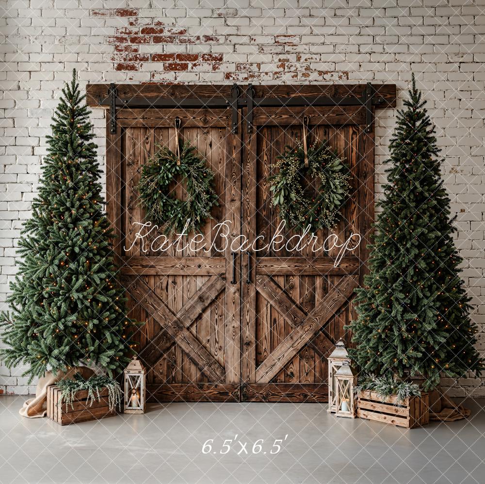 Kate Christmas Barn Door Wreath Trees Rustic Backdrop Designed by Emetselch -UK