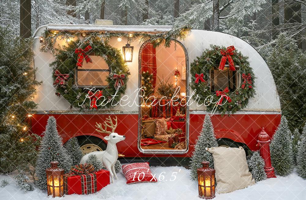 Kate Christmas Caravan Reindeer Presents Snow Backdrop Designed by Emetselch