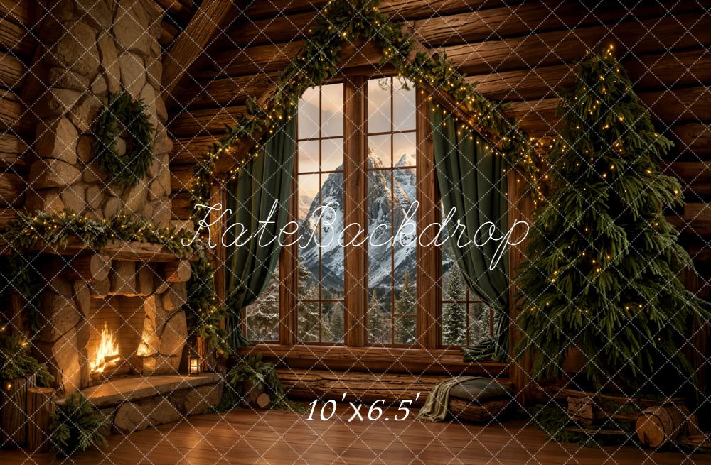 Kate Christmas Cabin Fireplace Mountain View Fleece Backdrop Designed by Emetselch -UK