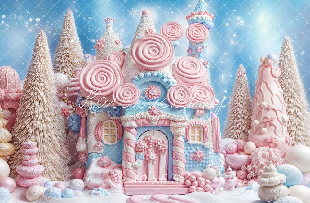Kate Christmas Candy House Snowy Trees Fleece Backdrop Designed by Emetselch