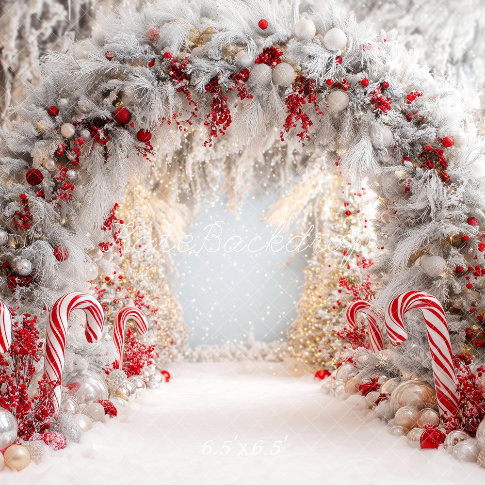 Kate Christmas Candy Cane Arch Snowy Trees Backdrop Designed by Patty Robert