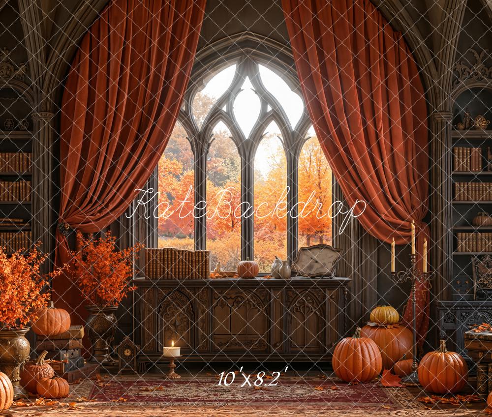Kate Autumn Gothic Library Pumpkins Bookshelves Fleece Backdrop Designed by Emetselch -UK