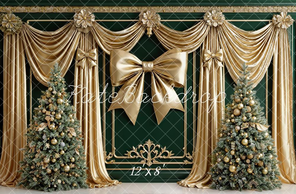 Kate Christmas Gold Bow Green Curtain Trees Fleece Backdrop Designed by Emetselch -UK
