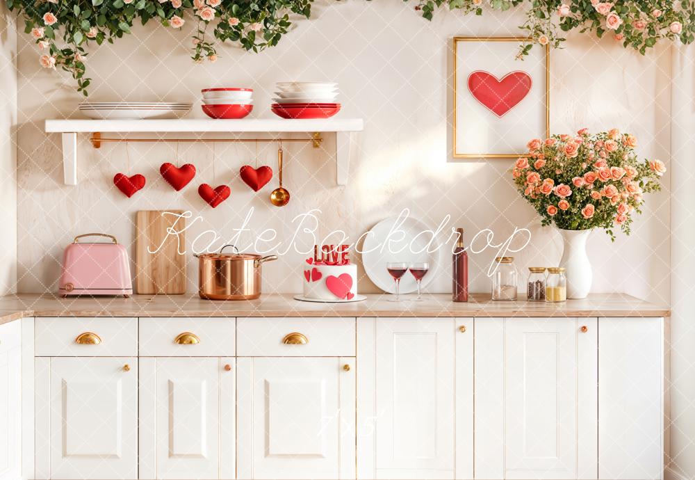 Kate Valentine White Kitchen Hearts Roses Backdrop Designed by Emetselch