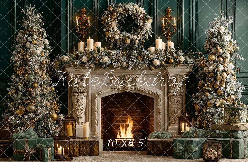 Kate Christmas Fireplace Garland Green Fleece Backdrop Designed by Emetselch