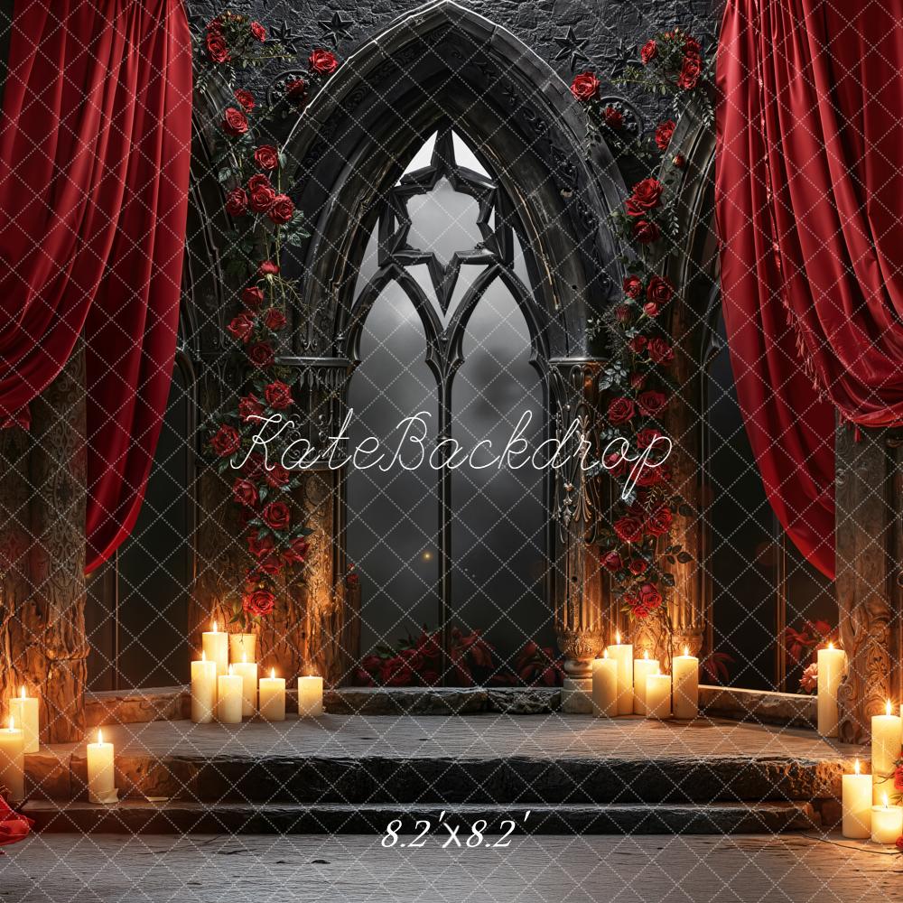Kate Gothic Arch Red Roses Curtain Candles Backdrop Designed by Emetselch -UK