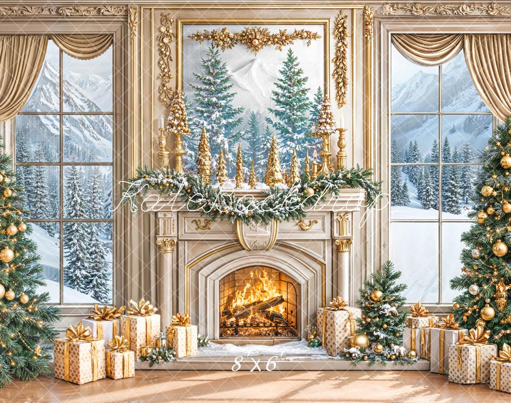Kate Christmas Gold Fireplace Trees Fleece Backdrop Designed by Emetselch -UK