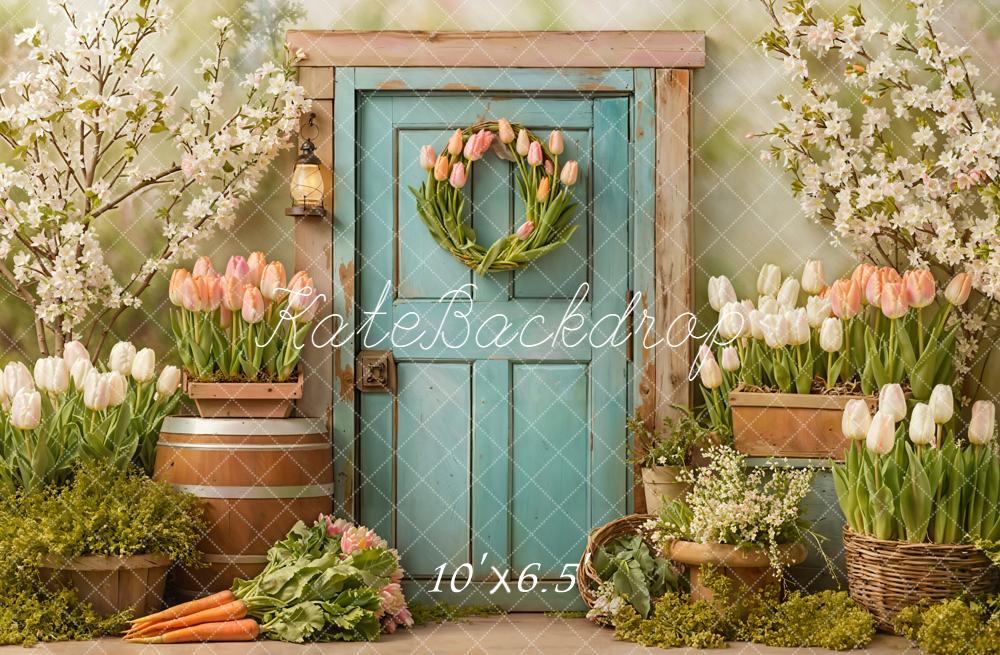 Kate Spring Blue Door Tulips Fleece Backdrop Designed by Emetselch