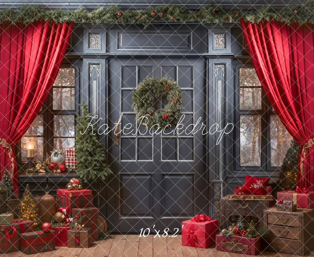 Kate Christmas Red Curtains Wreath Gifts Backdrop Designed by Emetselch -UK